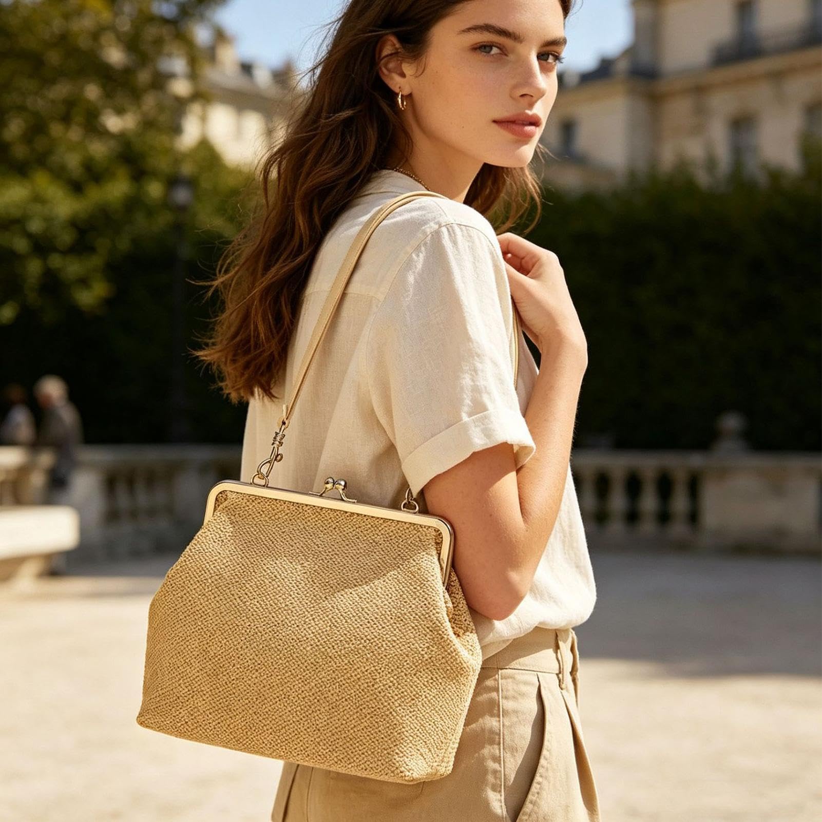Generisch Bolsa de paja | Retro Big Kiss-Lock Bolso - Trenzado Paja Tote | Verano Viaje Vacaciones Compras Trabajo Gimnasio Primavera Noche Universidad Mercado Semanal