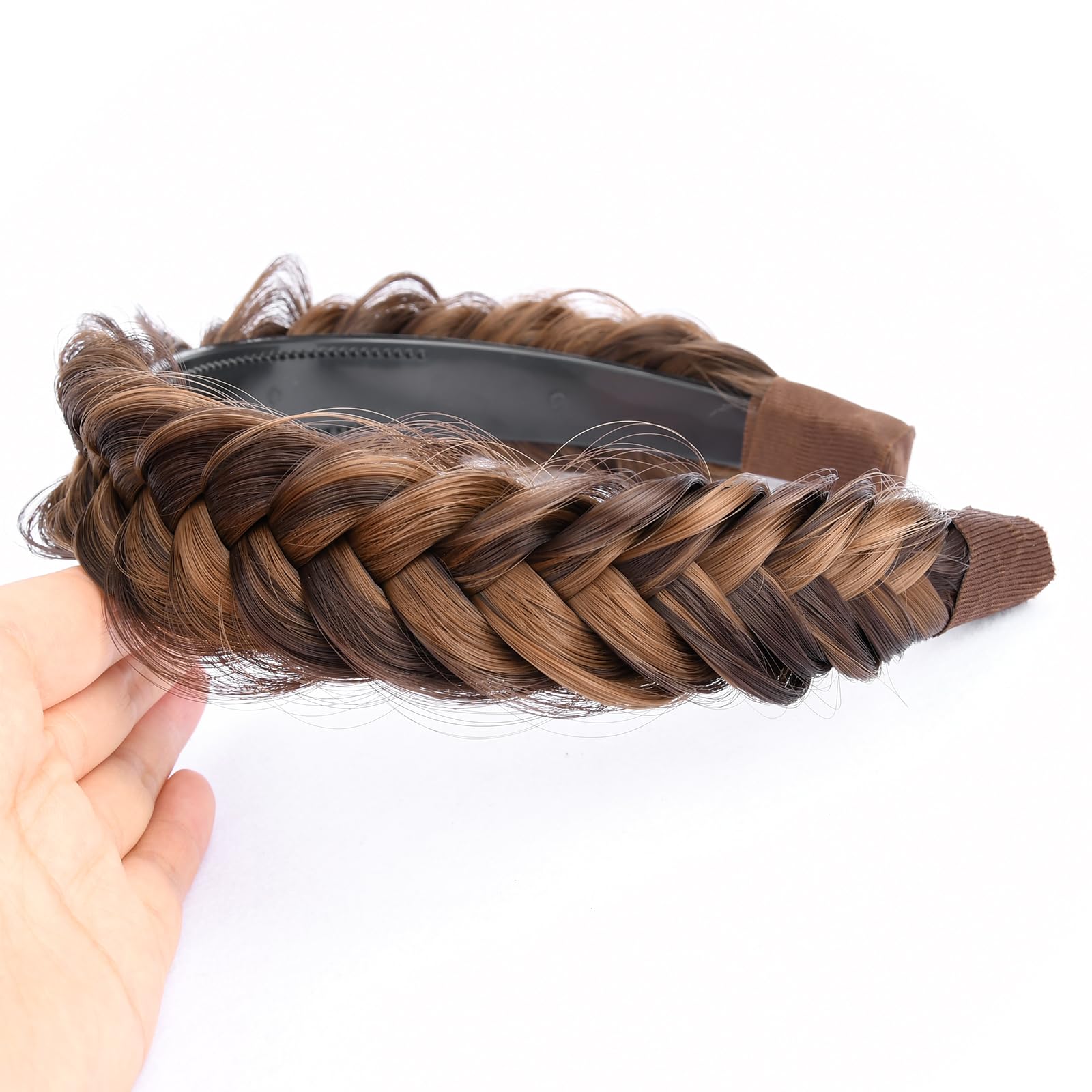 GLEDOLA Wide Messy Braided Headband with Teeth Synthetic Hair Plaited Headband High Elasticity Braids Chunky Fishtail Braided Hair Band Hairpiece for Girls Women (Chocolate Toast) - Image 4