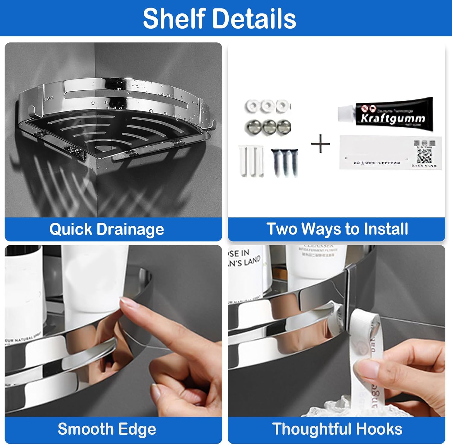 Wall-Mounted Corner Shelf, Single Pack, Bathroom Tray Organizer with 2 Hooks, Ideal for Bedroom, Living Room, Bathroom, and Kitchen (Silver)