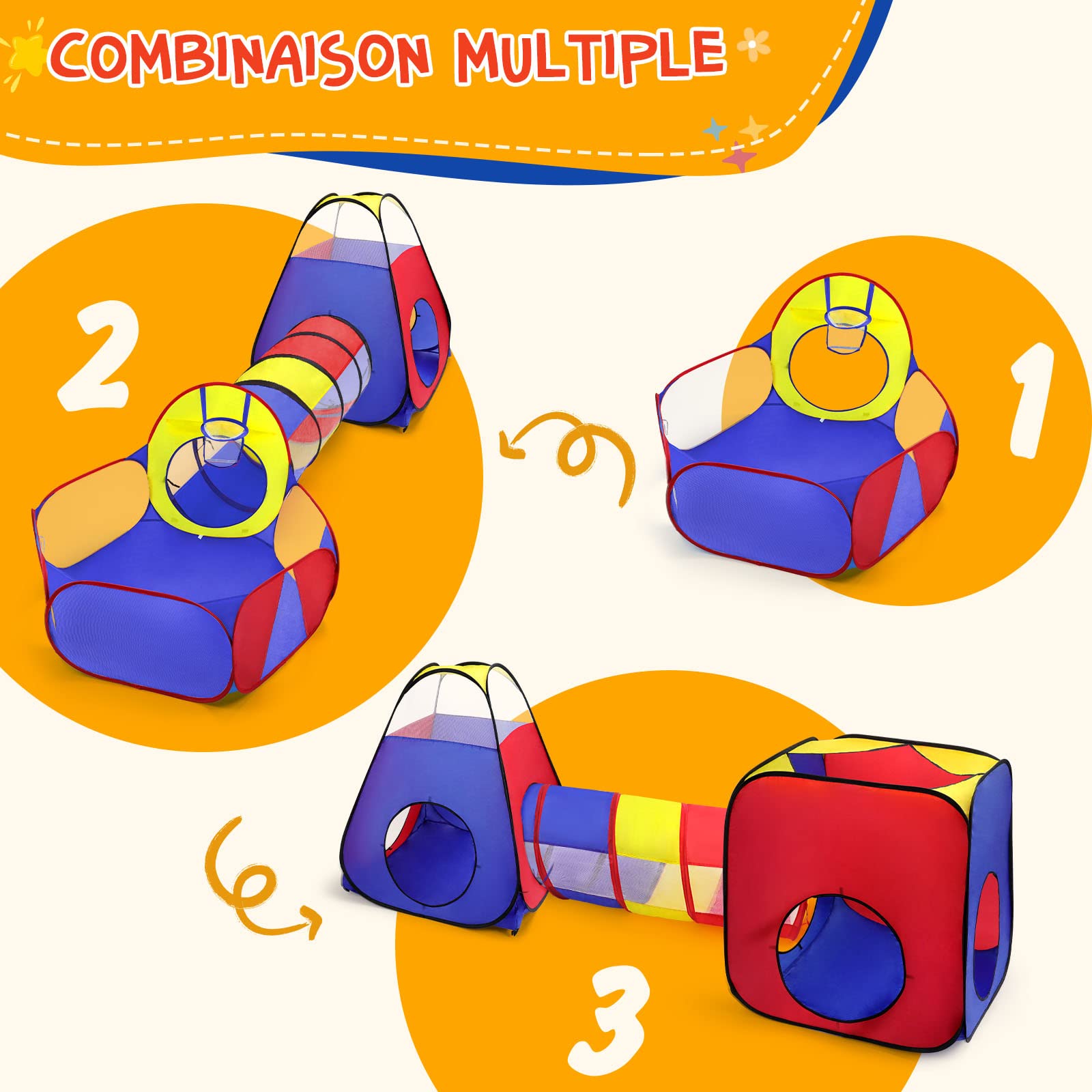 Opret 5 en 1 Pop Up Tente Tunnel Enfant, avec Piscine a Balle pour Bébé, Pliable Maison de Jeux Exterieur et Interieure pour Garçons Filles Cadeau de Noël d'anniversaire (sans balles)