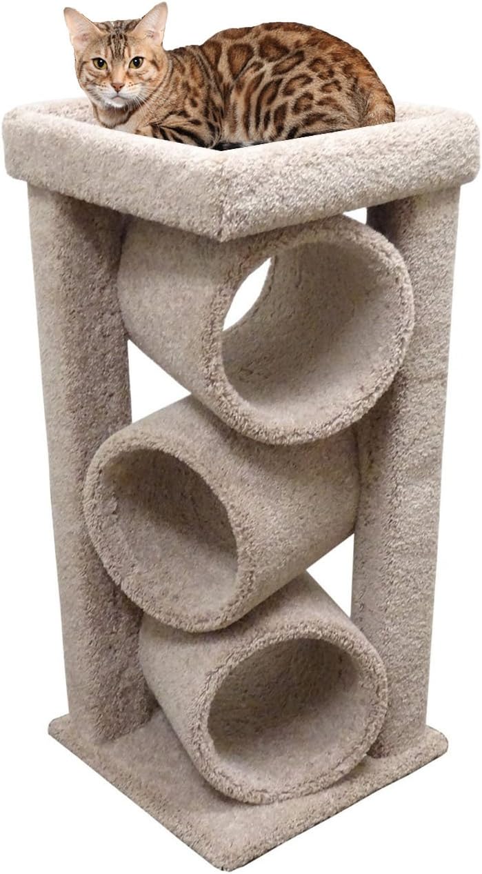 CozyCatFurniture 44 inches Modern Cat Tree for Large Cats with Solid Wood Poles, Made in USA with Big Bed, 3 Large Tubes, Beige Carpet