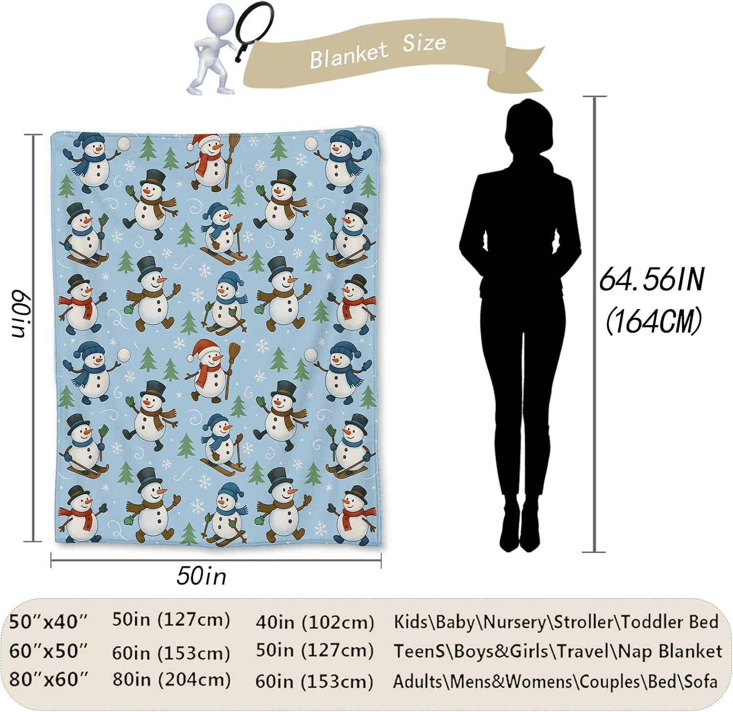 Christmas Snowman Blanket, Soft Lightweight Flannel Playful Snowmen, Trees & SnowflakesThrow Blanket for Couch, Bed, Travel & Holiday Decor Gifts, Cozy Warm Blankets for Adults Women Kids 60×50 in