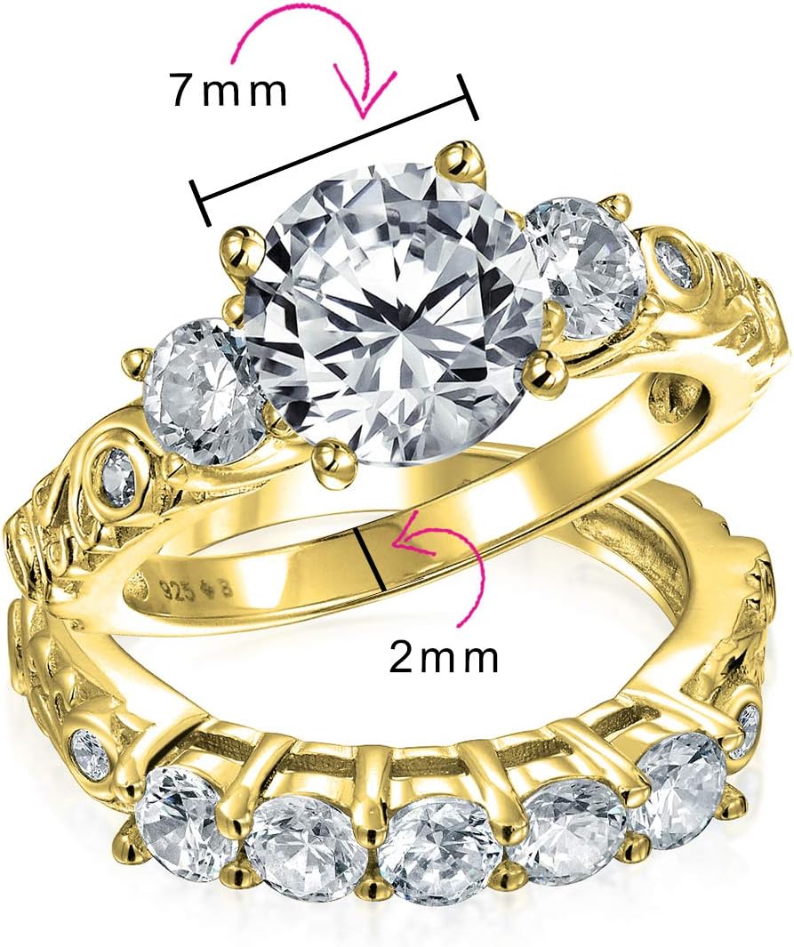 Personalize Art Deco Vintage Style 3CTW Brilliant Round or Square Princess Cut Solitaire 3 Stone Past Present Future AAA CZ Anniversary Set Engagement Ring Band Women 14K Gold Plated Sterling Silver