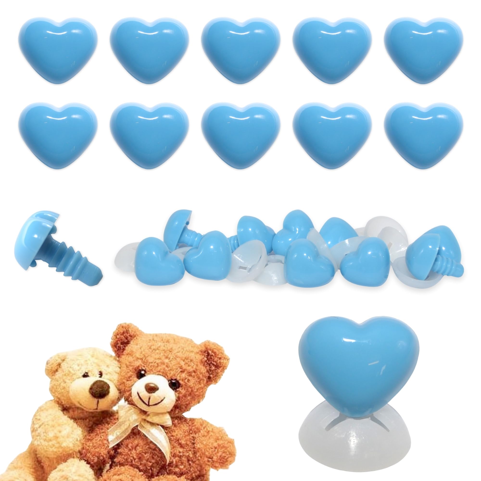 celloexpress 18mm x 15mm Deep Sky Blue Heart Noses with Plastic Backs - Safety Noses for Soft Toy Teddy Bear Animal Making (Pack of 10)