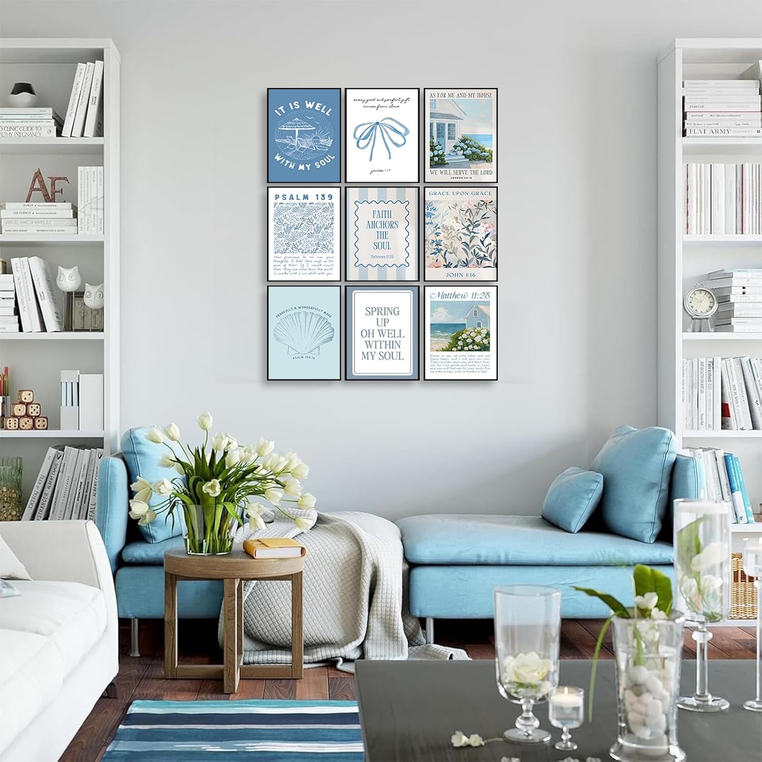 YYSEYKFJ 9Pcs Christian Bible Posters Wall Art Coastal Bible Verse Canvas Wall Decor Blue Preppy Aesthetic Artwork Christian Beach Painting Pictures for Girls' Bedrooms(12x16in Poster)