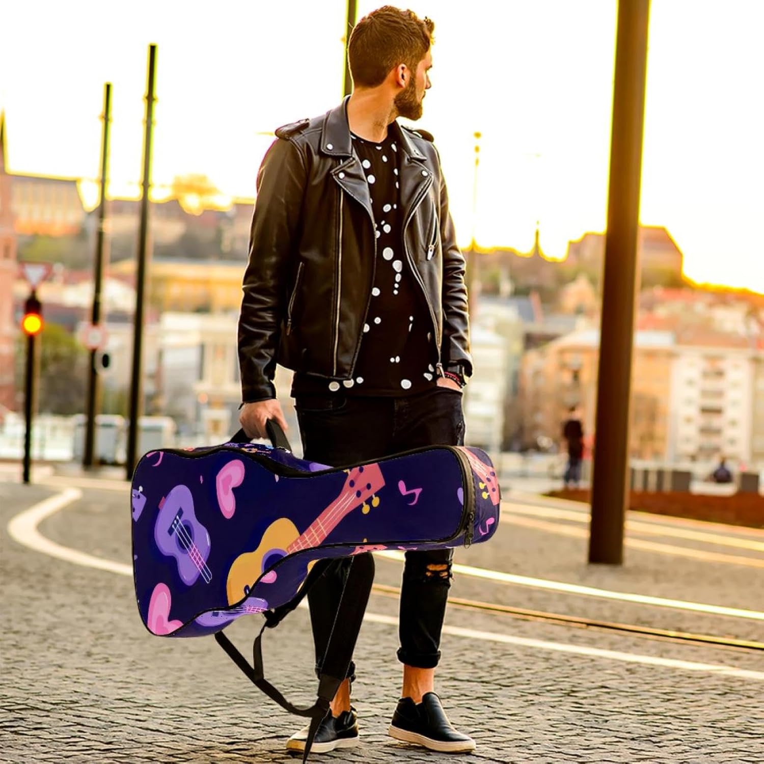 Acoustic Guitar Gig Bag 1 cm Thick Padding, Waterproof Electric Guitar Bag 40-42 Inch Guitar Case Backpack with Dual Shoulder Strap, Cute Ukuleles with Musical Notes and Hearts