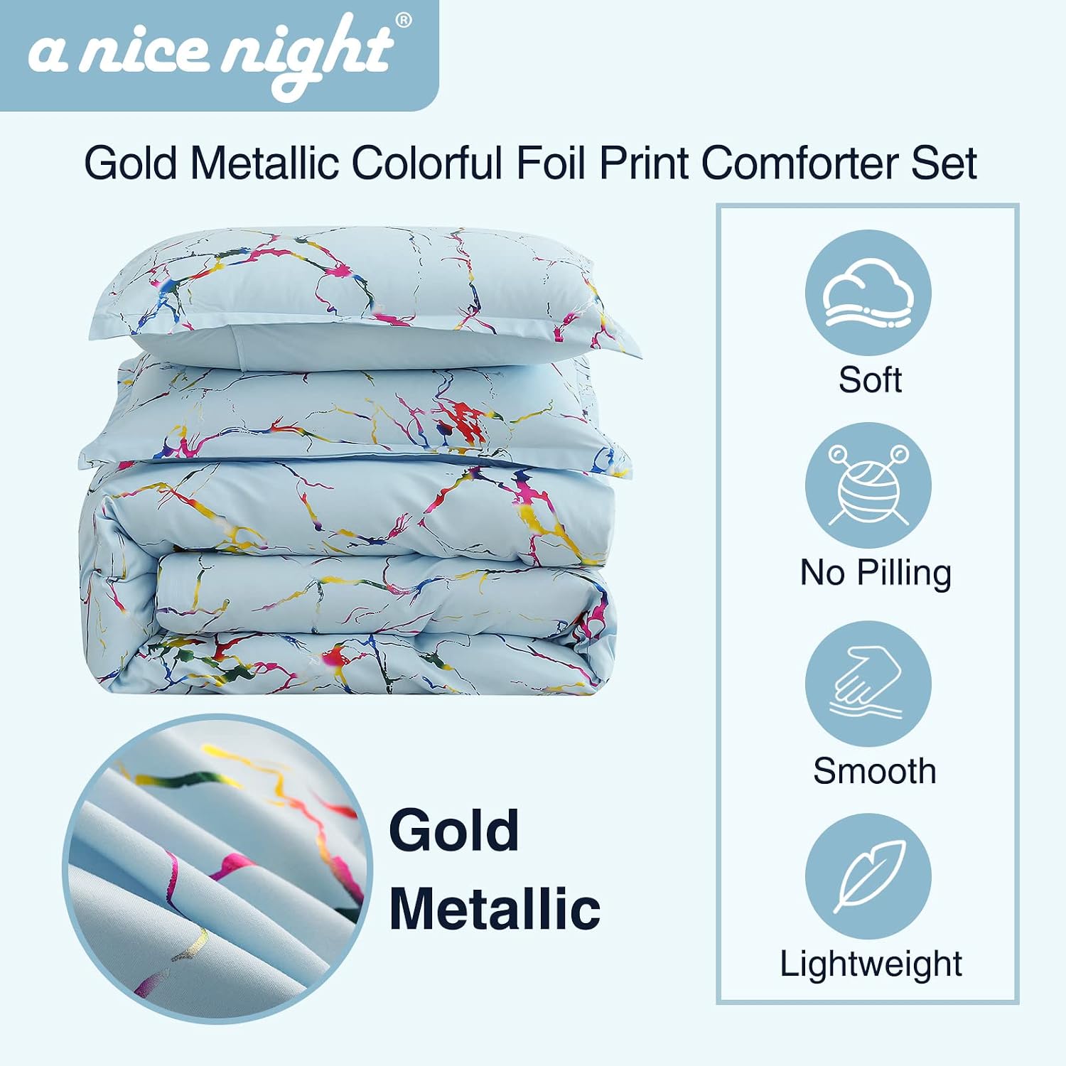A Nice Night Marble Comforter Set, Gold Metallic Colorful Foil Print Glitter Bedding Set (Queen,Blue)