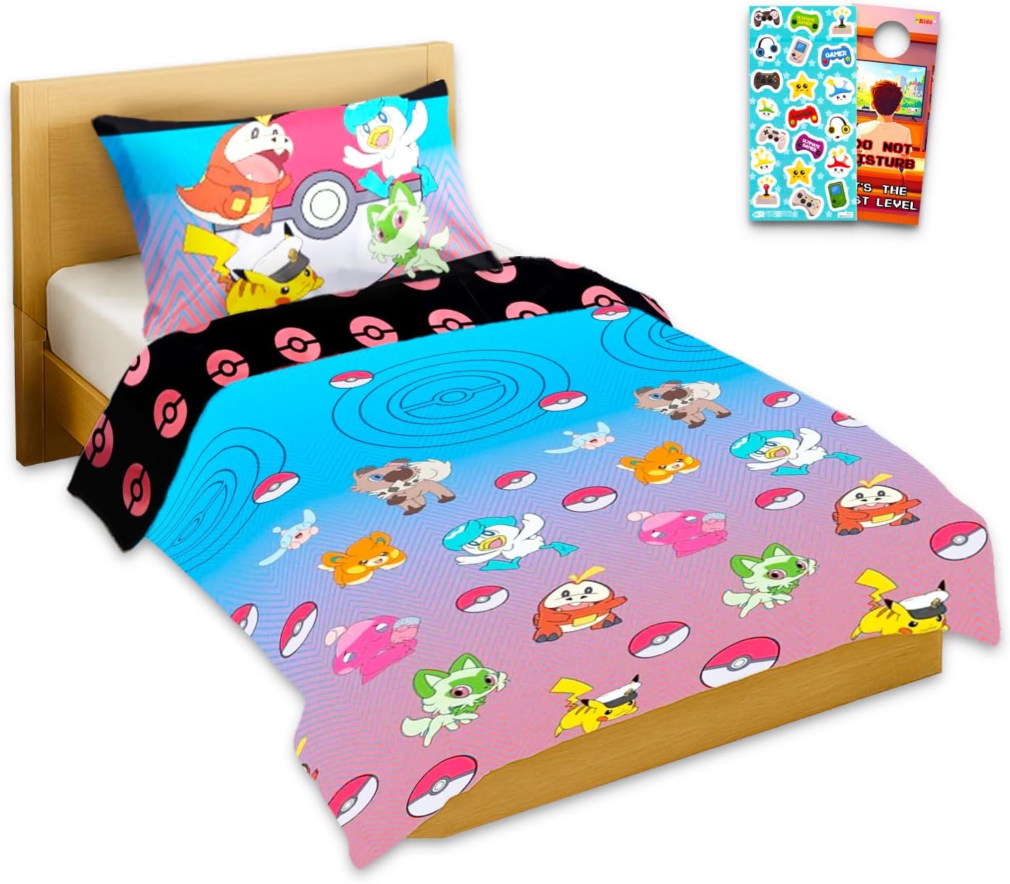 Pokemon Bedspread Twin Set for Kids - Bundle with Reversible Cartoon Quilted Bedspread for Twin/Full Bed Plus Pillowcase, Stickers, More | Pokemon Twin Bedding Set for Boys, Girls