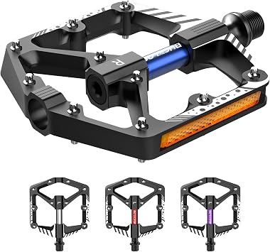 BUCKLOS Bicycle Pedals Flat Aluminum Alloy with Reflectors,9/16" Large Platform Pedals Anti-Slip Safety Reflective for Road Mountain MTB Commuter E-Bike Night Riding