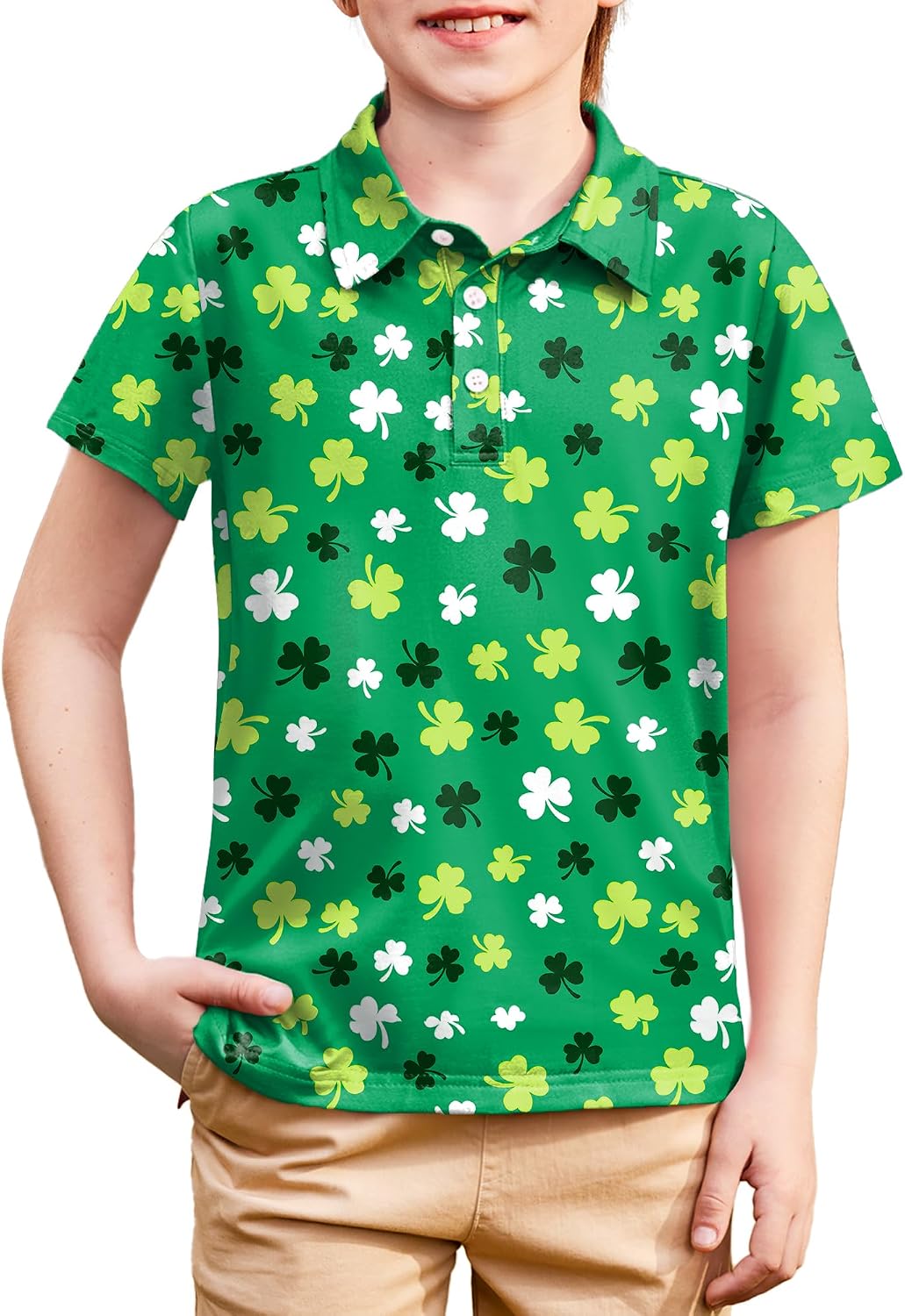 Kid Boys St. Patrick’s Day Three Leaf Clover Shirts Hawaiian St Pattys Shamrock Short Sleeve Top Green Shamrock 10 Years