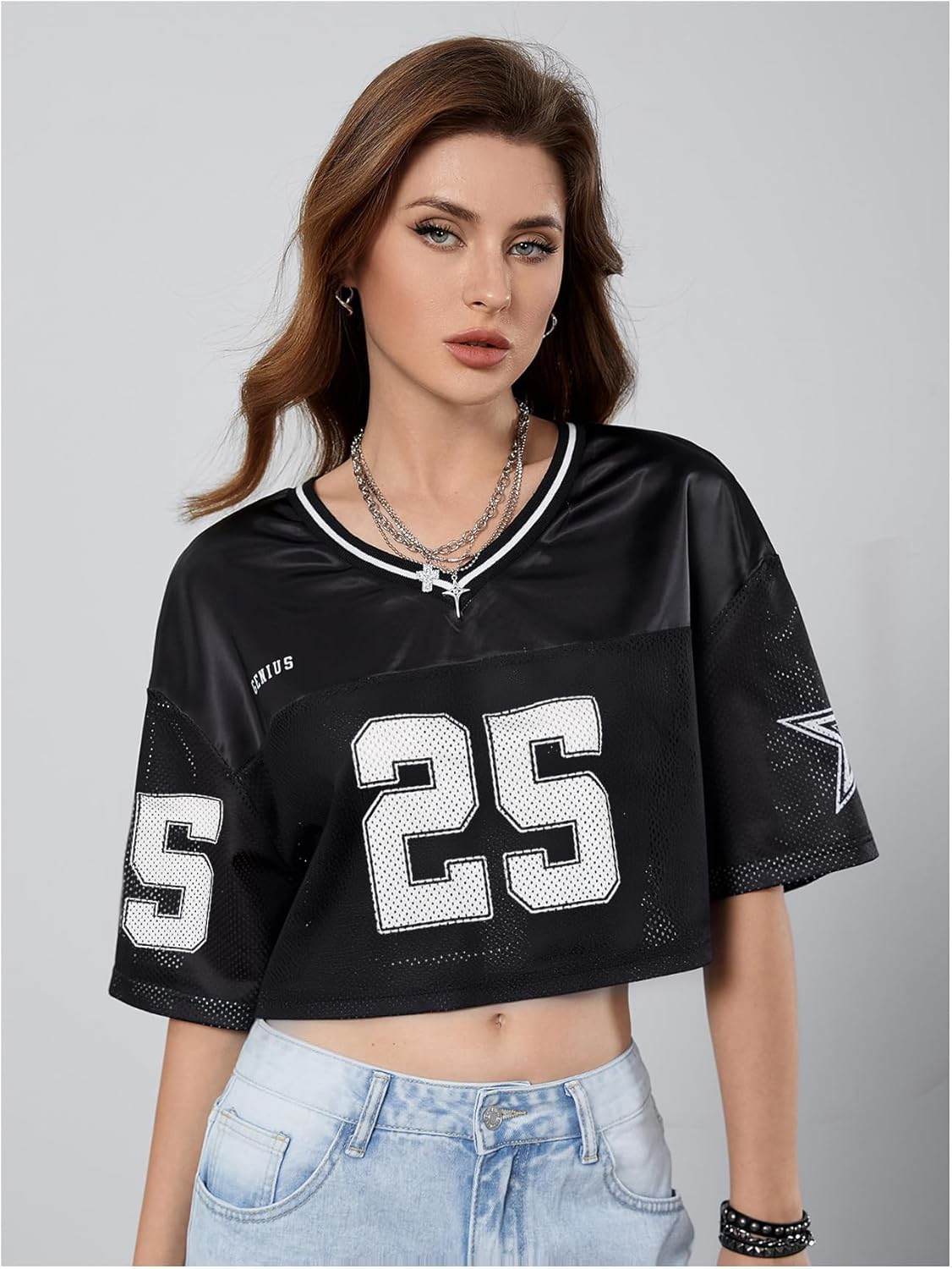 Jersey Shirts for Women Y2k Graphic Number Tees Hip Hop V Neck Short Sleeve Mesh Crop Top Baggy Streetwear T Shirt Tops - Image 3