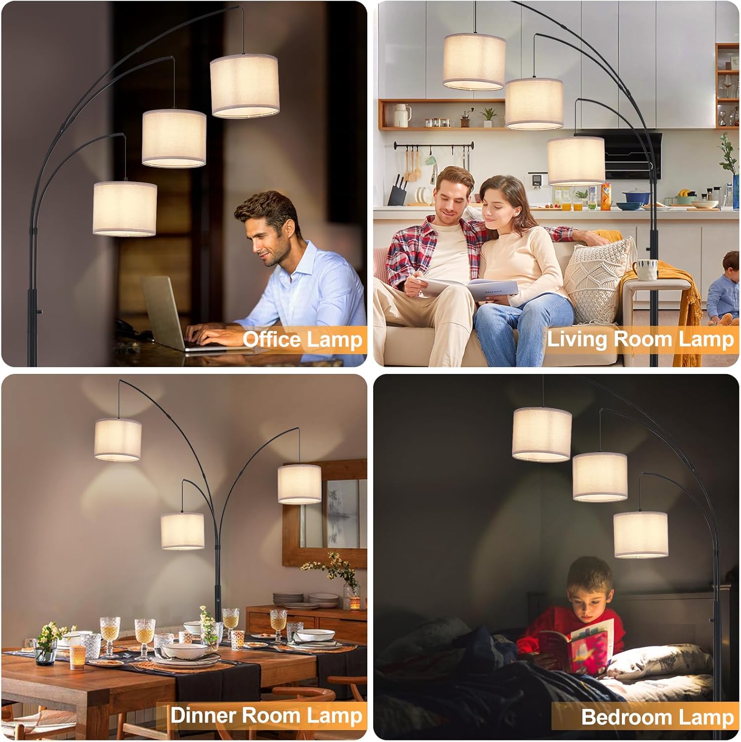 DLLT Modern Floor Lamp for Room: 3-Light Black Tree Dimmable Floor Lamps with Black Shades for Living Room - Arc Standing Lamp for Bedroom - Tall Floor Lamp for Office Corner 3 LED Bulbs Included