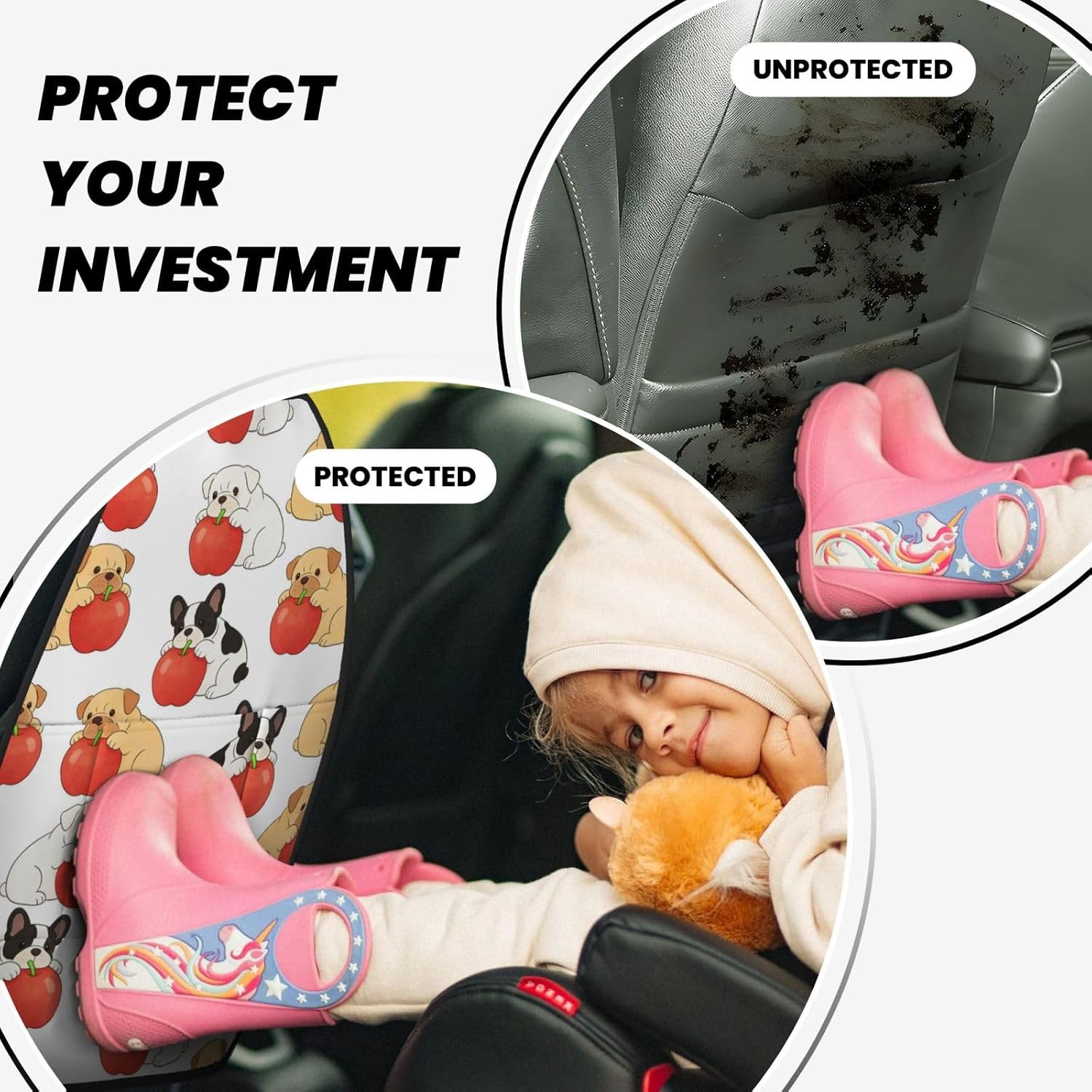 Funny Bulldog Pug Dog Apple Pattern Car Seat Back Kick Protector 2 Pack, 18.5x26.4 Inch Anti-Kick Pad, Waterproof Oxford Fabric Large Rear Seat Cover for Kids Pets Fits SUV Jeep Truck Sedan
