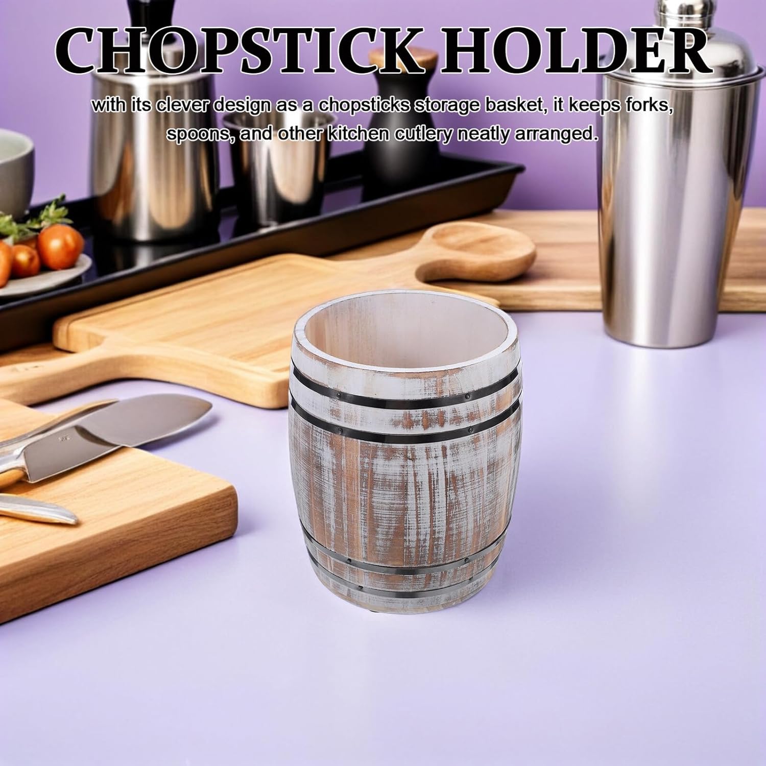 Wooden Chopsticks Holder Barrel-shaped Utensil Crock 7.27x5.7in Food-grade Wood Cutlery Organizer for Kitchen Countertop Tableware Storage