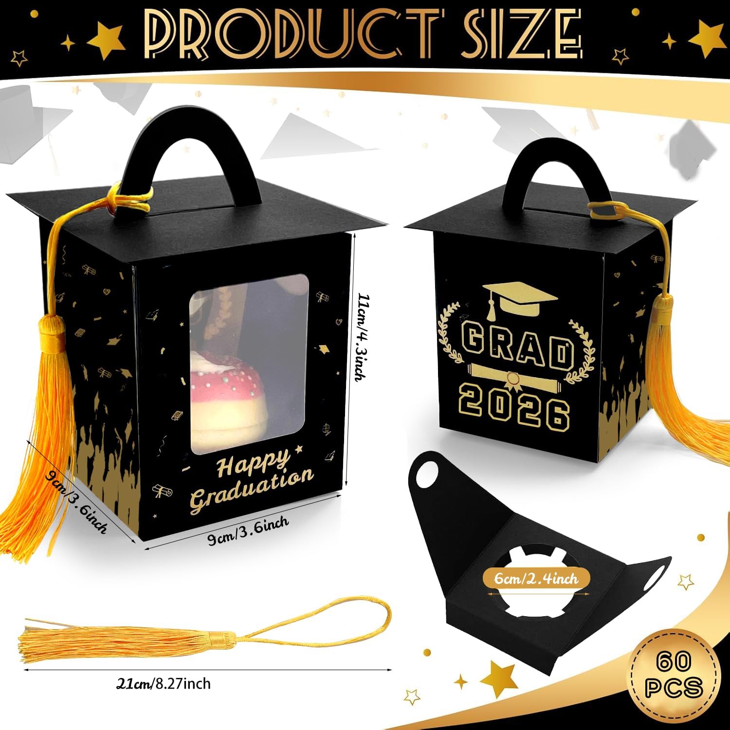 60 Pcs Graduation Cupcake Boxes Individual Cupcake Container Grad Cupcake Gift Boxes with Window for 2026 College Grad Party Bakery Wrapping (Black-60pc)