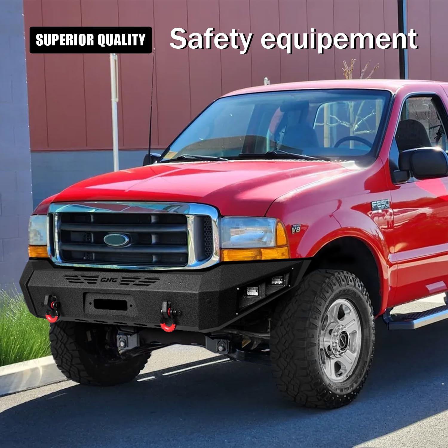 GNG Front and Rear Bumper Compatible with 1999-2004 Ford F250 F350 F-250 F-350 Super Duty Steel w/6 Aluminum Lights & D-Ring & Winch Plate/BLack
