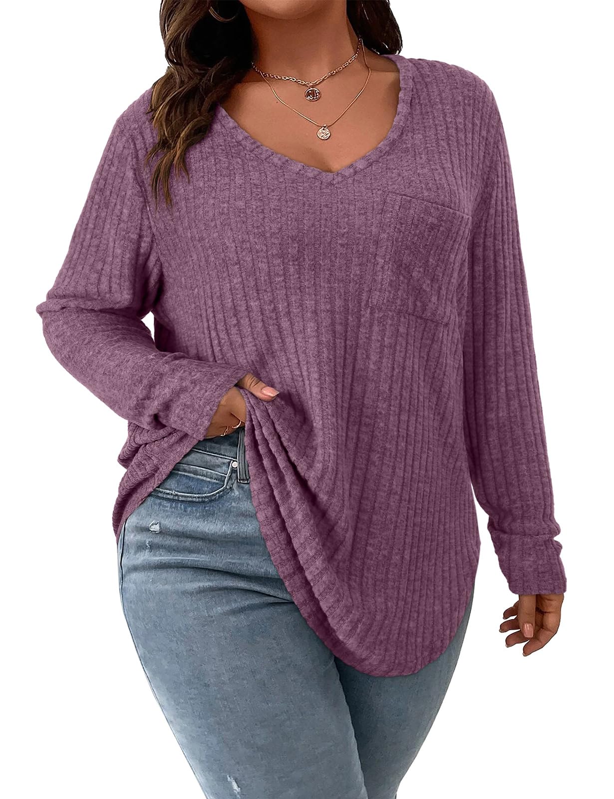 Koscacy Women Plus Size Casual Knit Sweater with Pocket V Neck Solid Color Tops Lightweight Long Sleeve Blouses