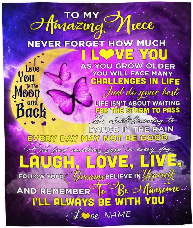 Personalized to My Niece Blanket from Aunt Auntie Uncle My Love Within It Morning Noon Night Butterfly Tree Niece Birthday Christmas Customized Fleece Blanket (50 x 60 in Youth Size)