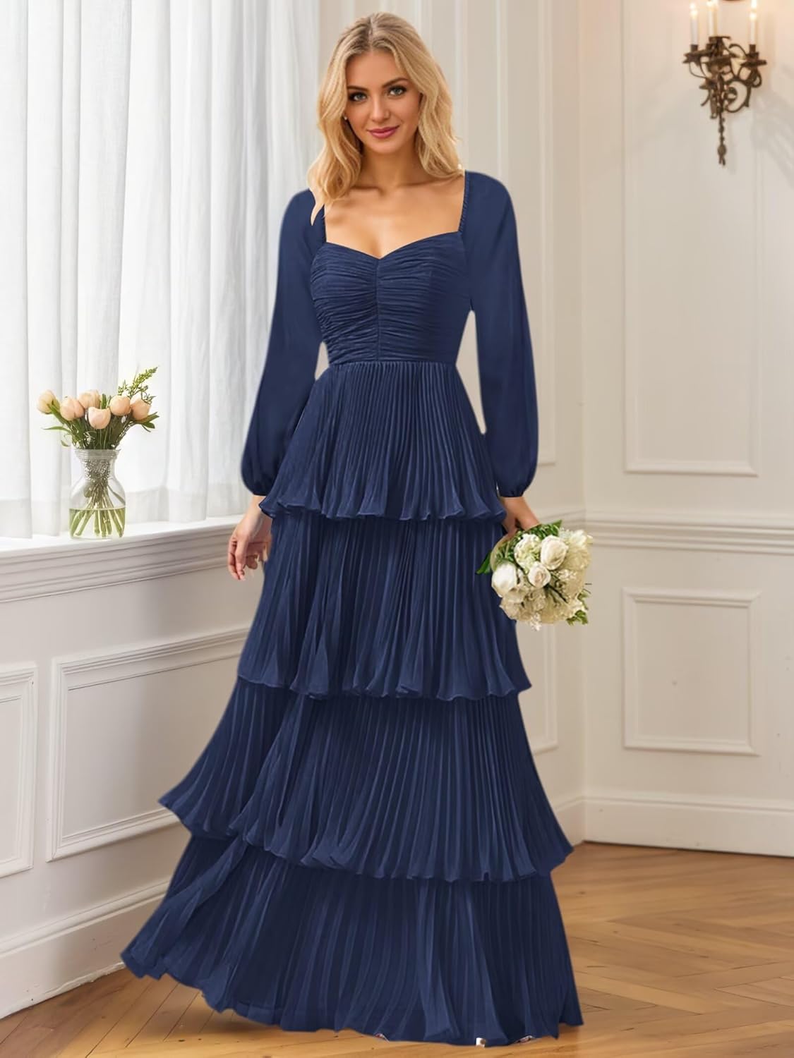 VCCICANY Long Sleeve Bridesmaid Dresses for Women Chiffon Ruffles Tiered Pleated Long Formal Evening Gown