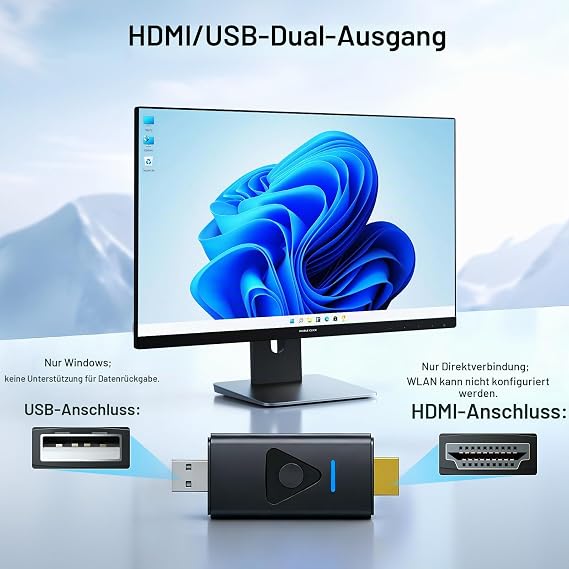 HDMI USB Dongle Miracast Adapter HDMI for iOS MacOS Android USB for Windows Hosts Plug & Play 1080P@60HZ 15m Wireless Transmission Not for USB Screens