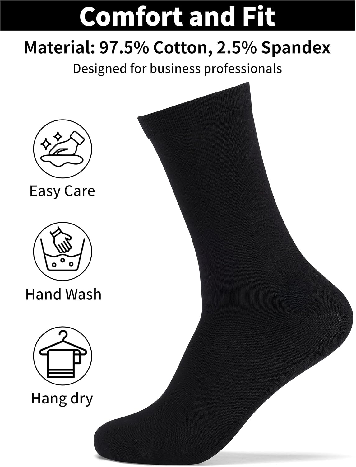 Forony Men's Crew Dress Socks 6 Pack, Black 97.5% Cotton Spandex, Breathable for Work Wedding