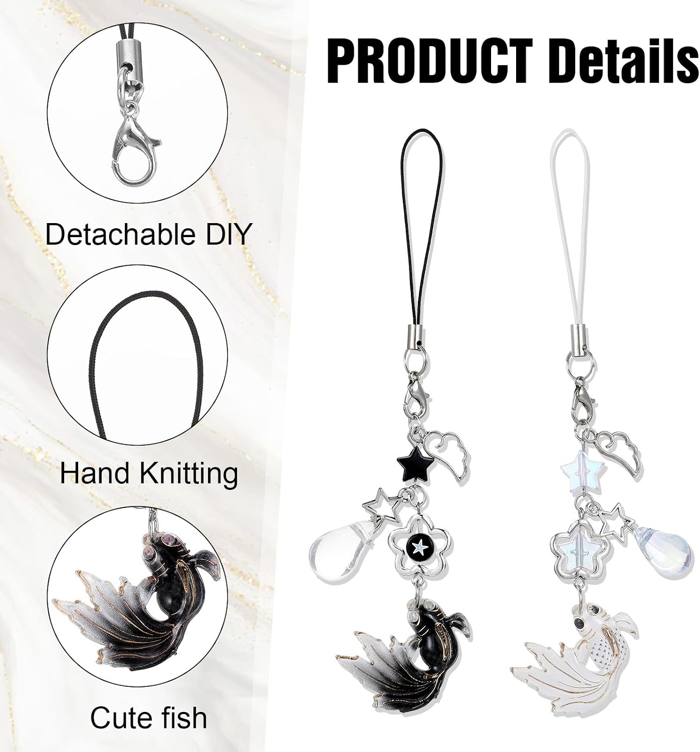 2Pcs Koi Fish Phone Charms, Aesthetic Fish Y2k Keychain, String Rope Charms for Phone Case Camera Bag, Water Drops Stars Wing Lanyard Strap Pendants Phones Decorations(Blue+Pink)