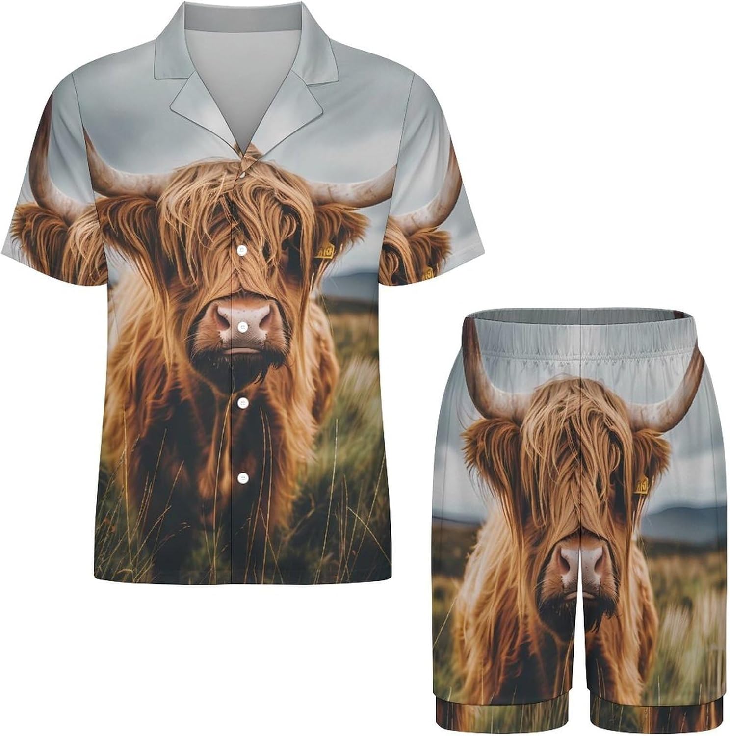 Scottish Highland Cow Animal Men's Short Sleeve Pajama Set Satin Silk Like Lounge Sleepwear