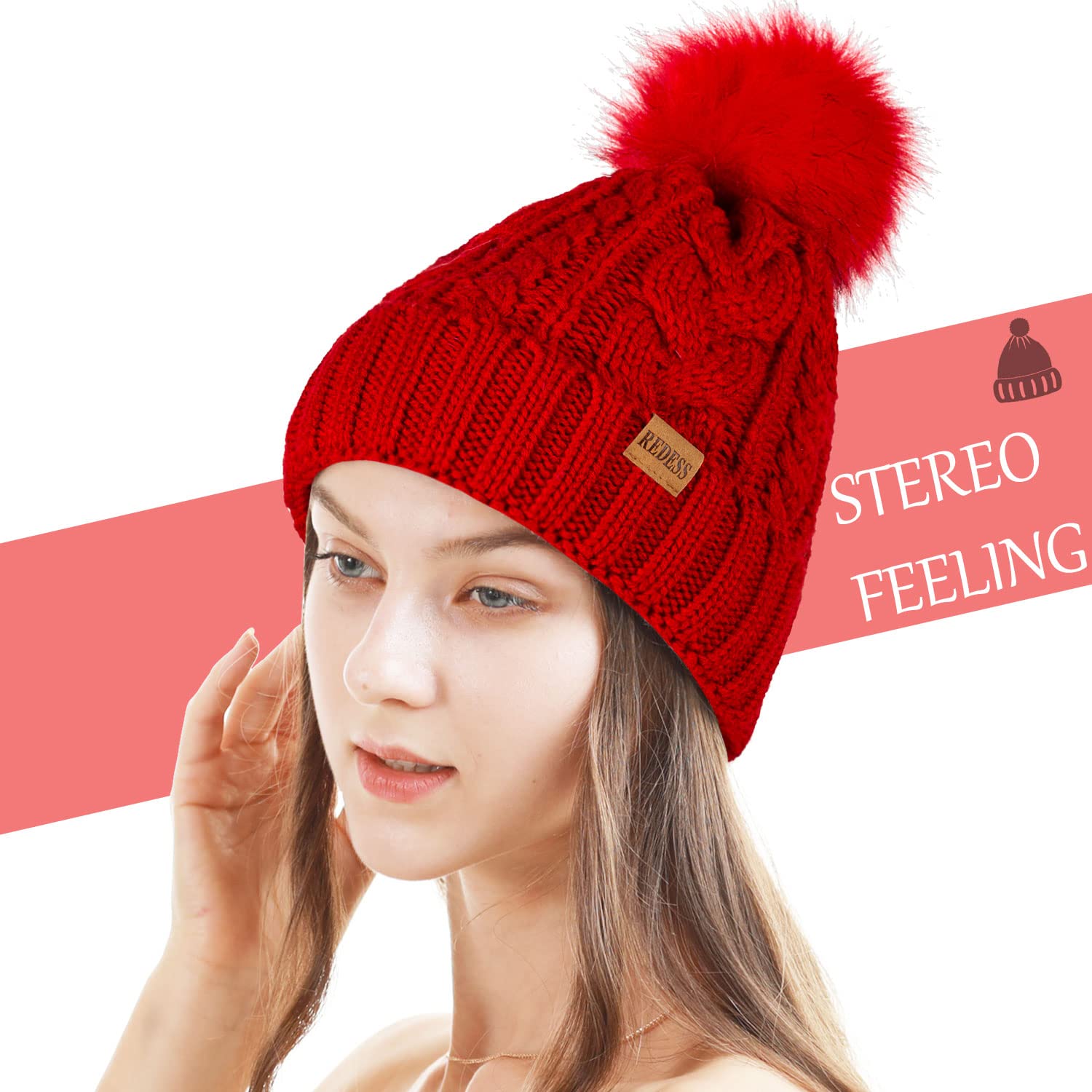 REDESS Cappello Invernale da Donna con Pom Pom Beanie Caldo Foderato in Pile Spesso Slouchy Snow Knit Chunky Baggy Skull Berretto da Sci