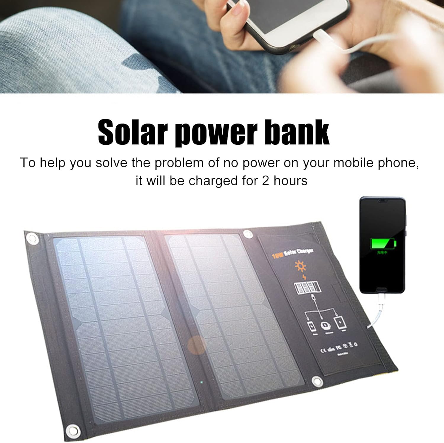 Foldable Portable Solar Panels 15W Monocrystalline Solar Panel Charger Dual USB Foldable Solar Charging Pack Outdoor Phone Power Bank Black