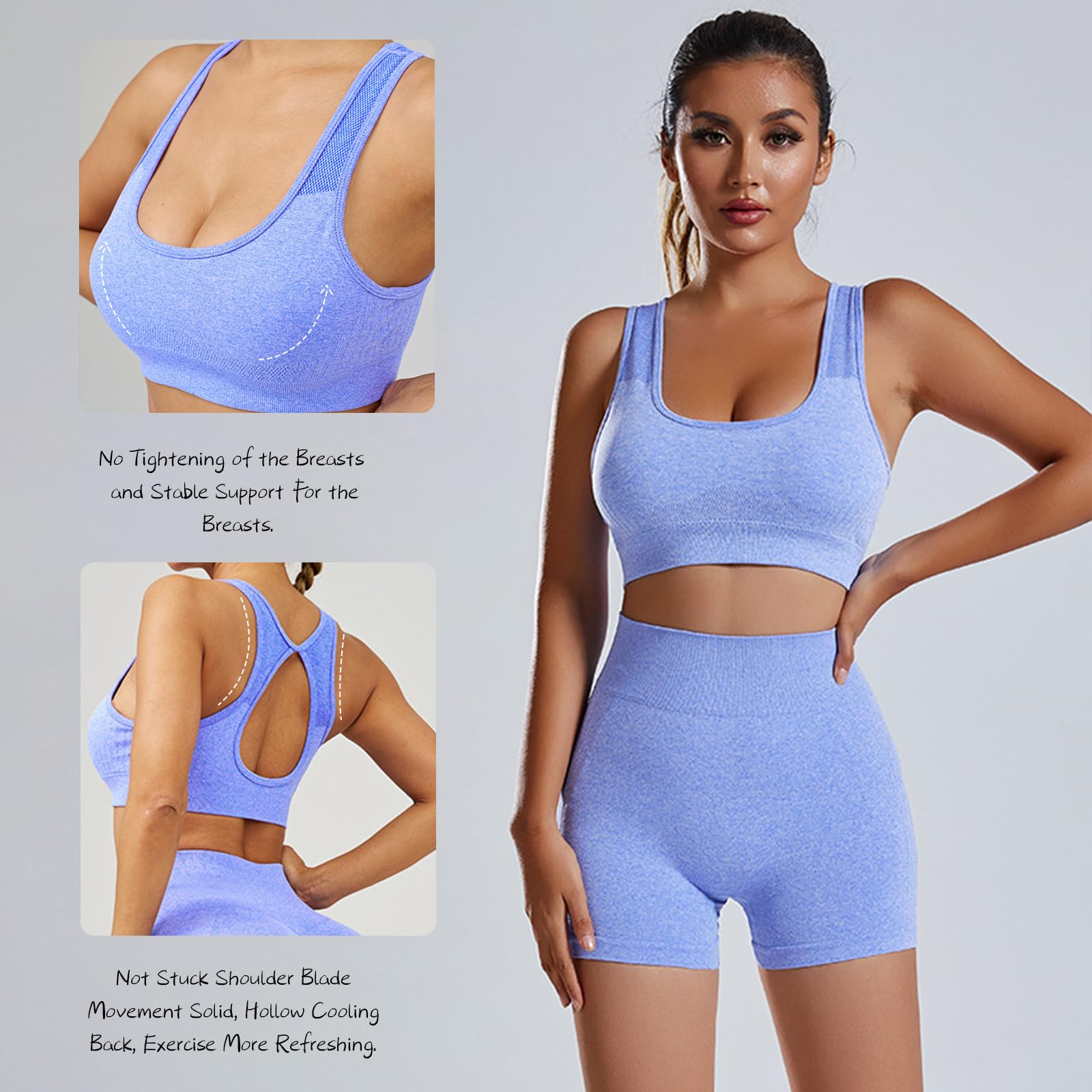 Conjunto Deportivo Sin Costuras Mujer Conjunto de Entrenamiento de 2 Piezas Elásticos Short de Cintura Alta Top Deportivo con Corte en la Espalda