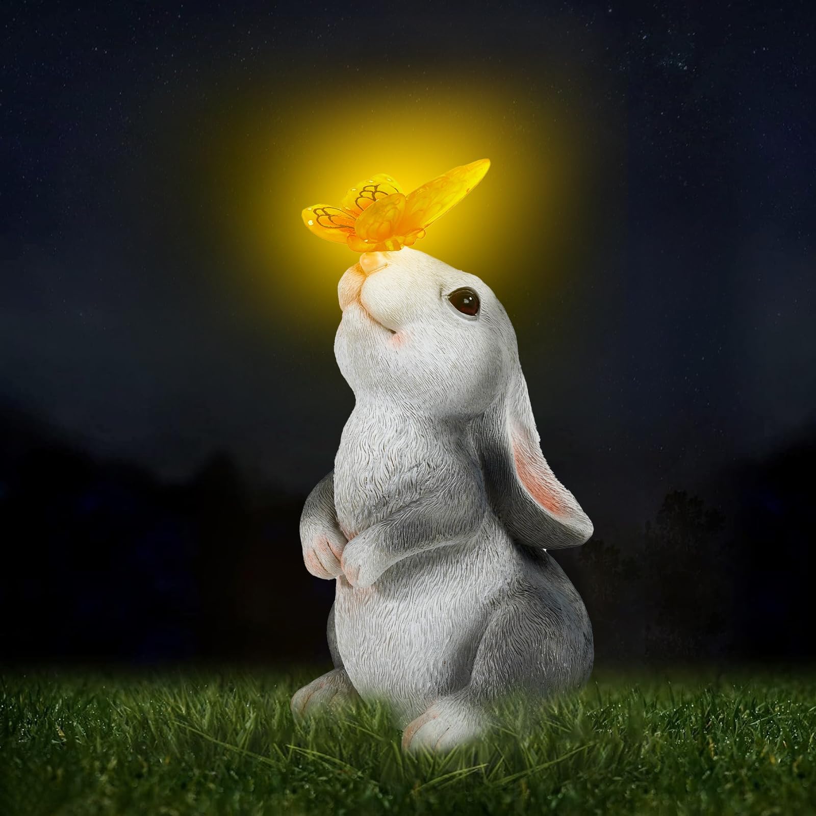Solar Garden Rabbit Statue Outdoor Ornament, Butterfly on Rabbit- for Home Lawn Decor Garden Animal Figurine for Patio, Balcony, Yard, Lawn, Innovative Gift, 23cm*15cm*12cm