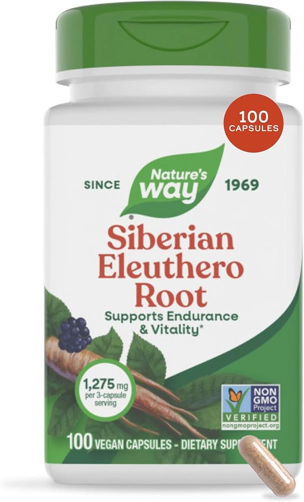 Nature's Way 프리미엄 허브 시베리안 엘루테로 뿌리 보충제, 신체 및 정신적 지구력 지원*, 1회 제공량당 1,125mg, 100캡슐 — 사진 1