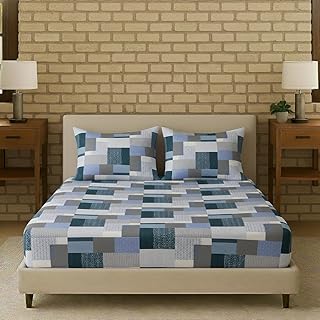 Trance Home Linen 100% Cotton 144TC Elastic Fitted Bedsheet Printed King Bed Size Elasticated Fitted Bedspread with 2 Pillow Covers (King 78x72 inch, Abstract Green)