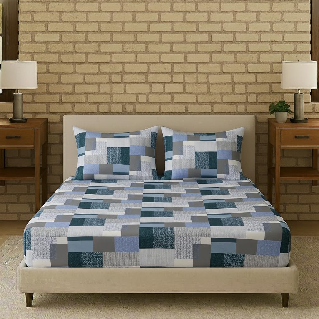 Trance Home Linen 100% Cotton 144TC Elastic Fitted Bedsheet | Printed King Bed Size Elasticated Fitted Bedspread with 2 Pillow Covers (King 78×72 inch, Abstract Green)