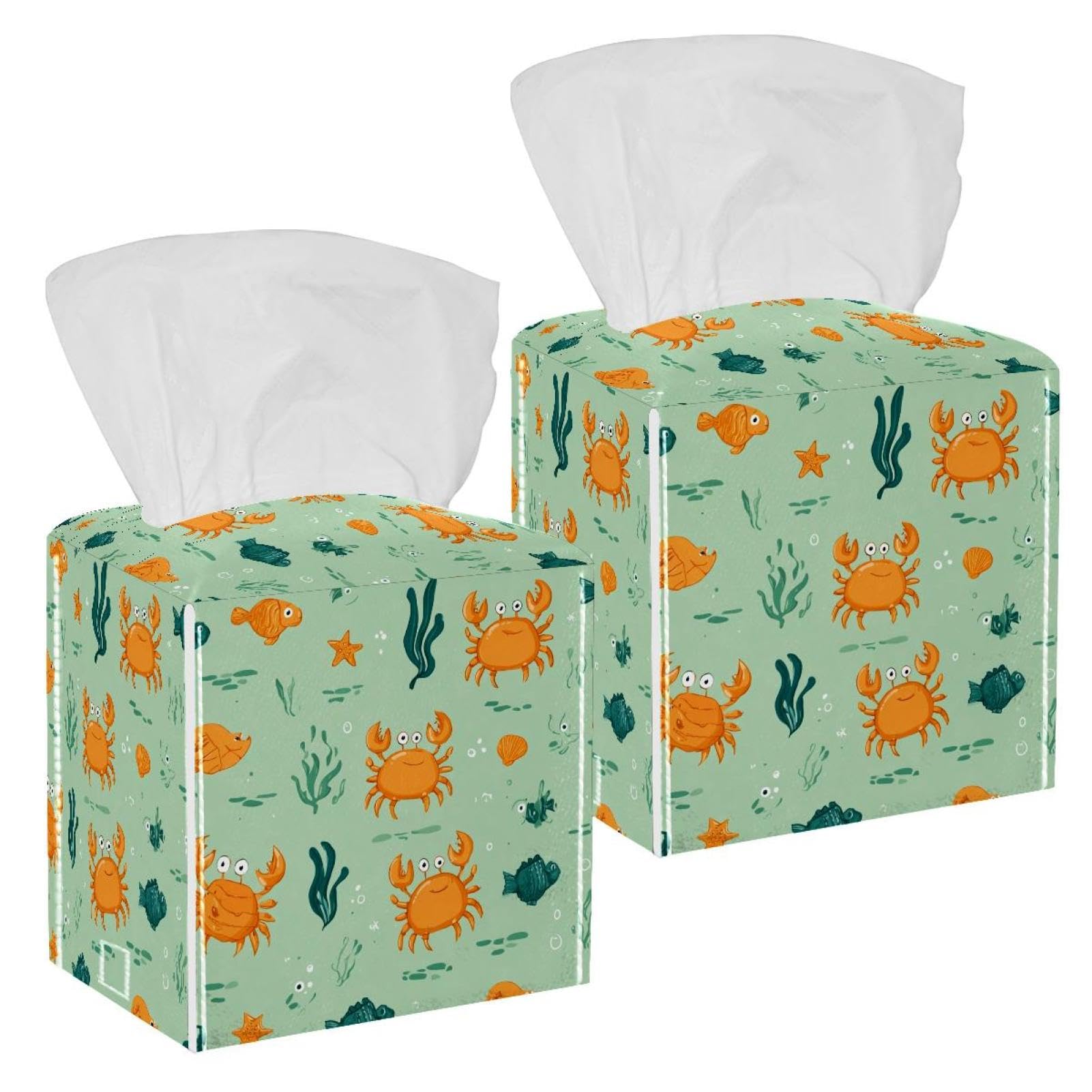 Cute Crab Tissue Box Cover, 2 Pack PU Leather Square Facial Tissue Dispenser Box holder for Home Office Car
