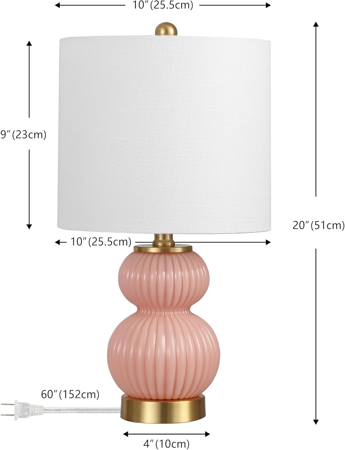 JONATHAN Y 20" Pink/Brass Gold Ribbed Gourd Glass Table Lamp, Modern Bedside Lamp for Bedroom Living Room, White Linen Drum Shade, LED Bulb Included (JYL1099B)
