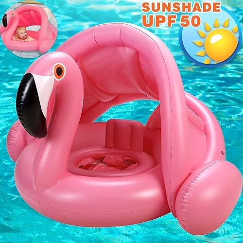 Miniatura 7 de Anillo de natación de flamenco para bebé con UPF 50+ soporte trasero y bolsa de aire de alas que nunca se voltea, flotador inflable para piscina