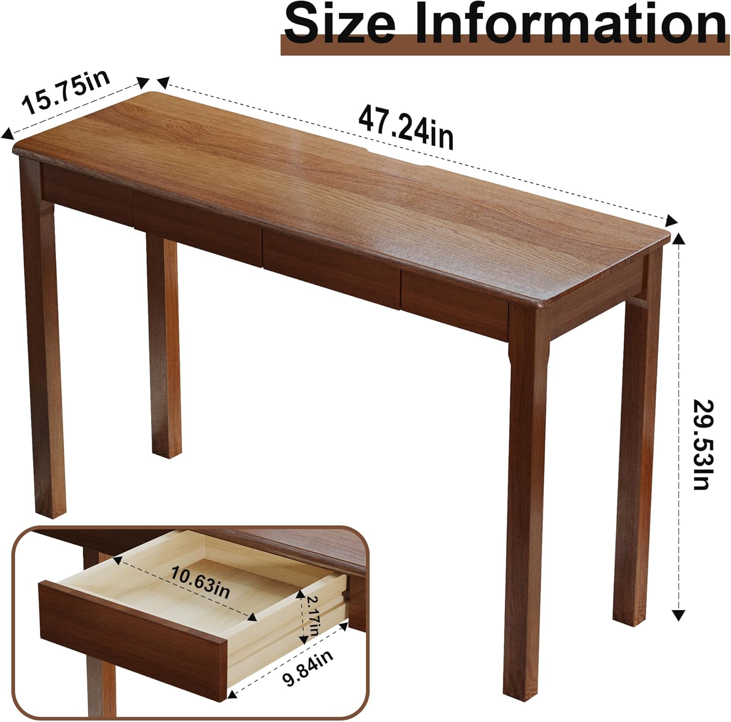 100% solid wood desk with drawers 47 x 16 inch mid century modern desk vintage small writing wooden desks for small spaces bedroom, living room, office walnut 47.2" x 15.7"