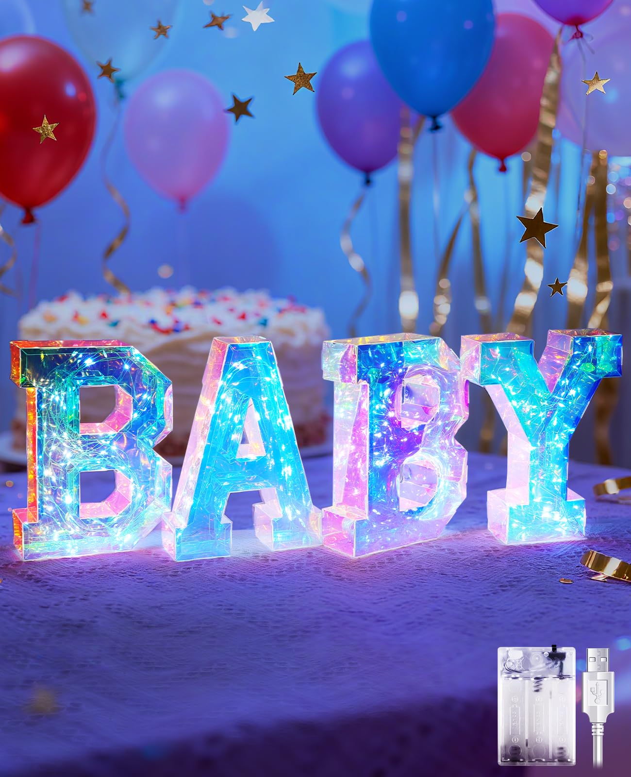 AceList Letras decorativas para bebé, 70 luces LED iridiscentes, luces de hadas para dulces 16, fiesta de cumpleaños, baby shower, boda, graduación, decoración de vacaciones