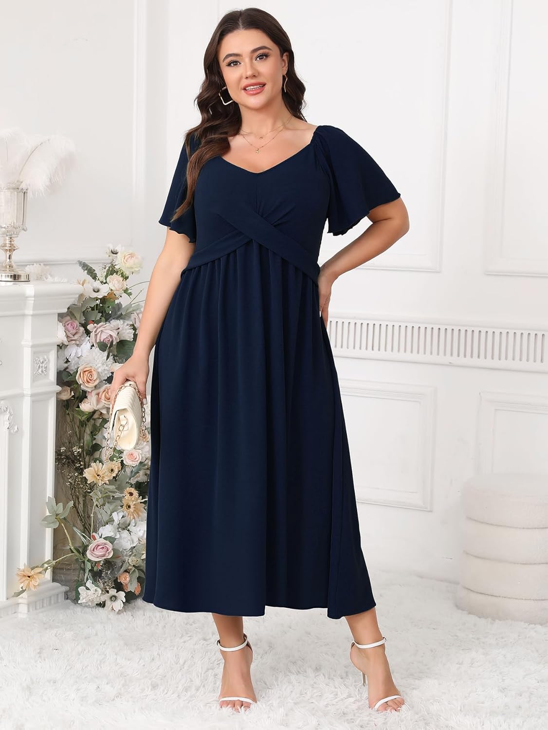 SCOMCHIC Women Plus Size Midi Dresses Short Sleeve V Neck Twist Front Summer Wedding Guest Smocked Flowy A Line Dress - Image 3