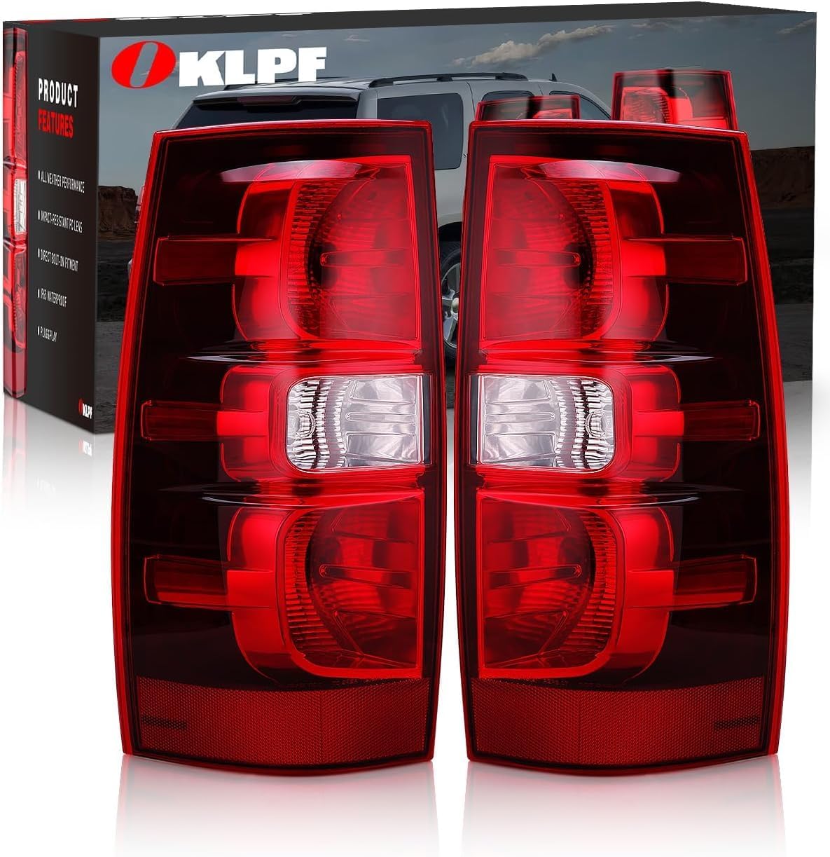 oklpf rear brake tail lights compatible with 2007-2014 chevy suburban,tahoe 1500 2500 replace gm2800196 gm2801196,red taillights assembly,includes bulbs and harness,driver and passenger side