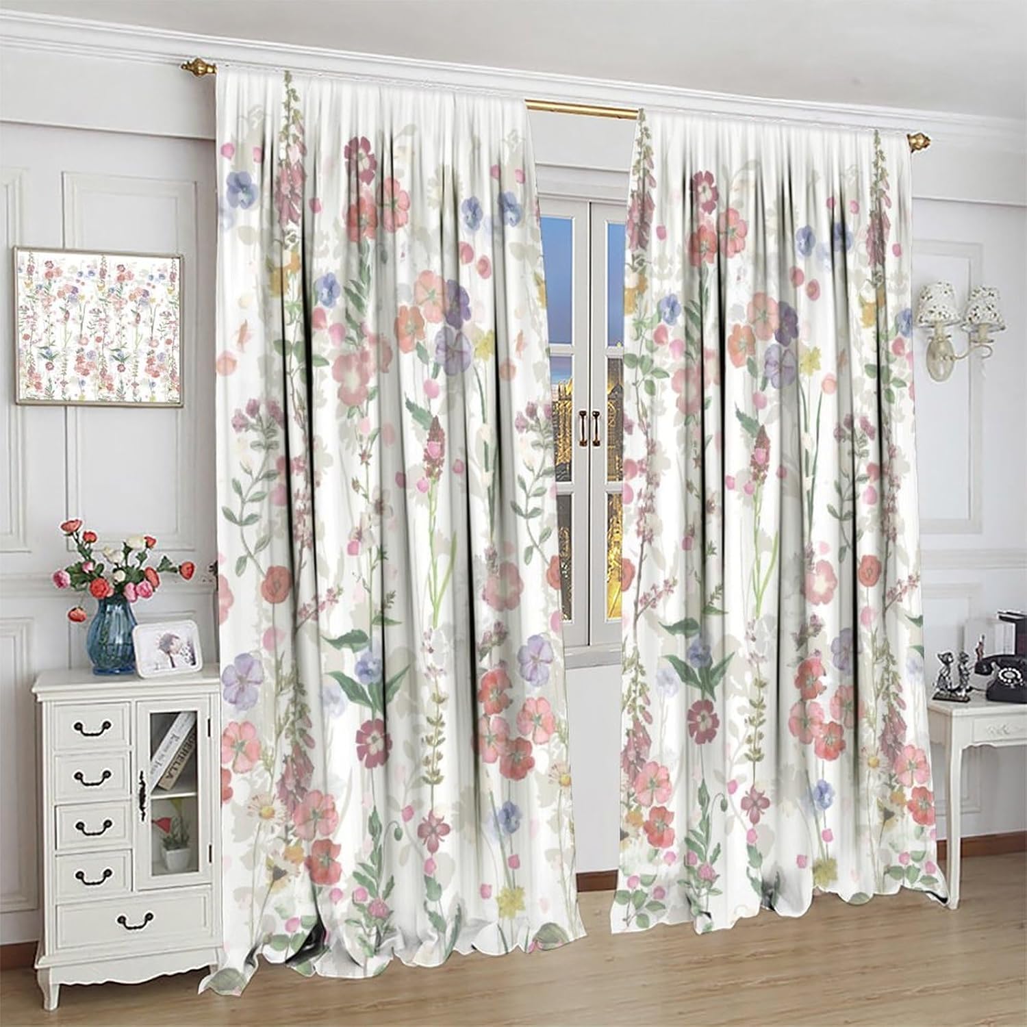 Watercolor Floral Curtains,Pink Eucalyptus Leaf Flowers Plants Herbs Blossom Botanical Pattern Blackout Print Window Drapes for Bedroom Living Room Kitchen 42x45 Inch