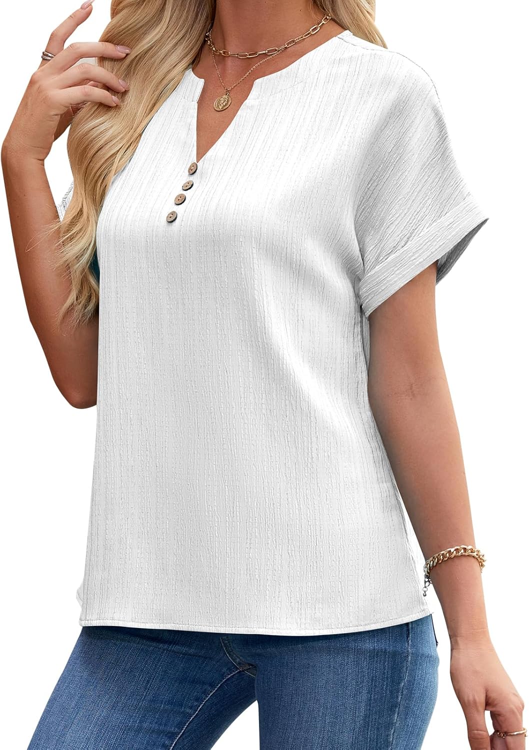 Womens Summer Tops Trendy 2025 Short Sleeve Shirts V Neck Blouse Textured Beach Vacation Clothes - Image 2