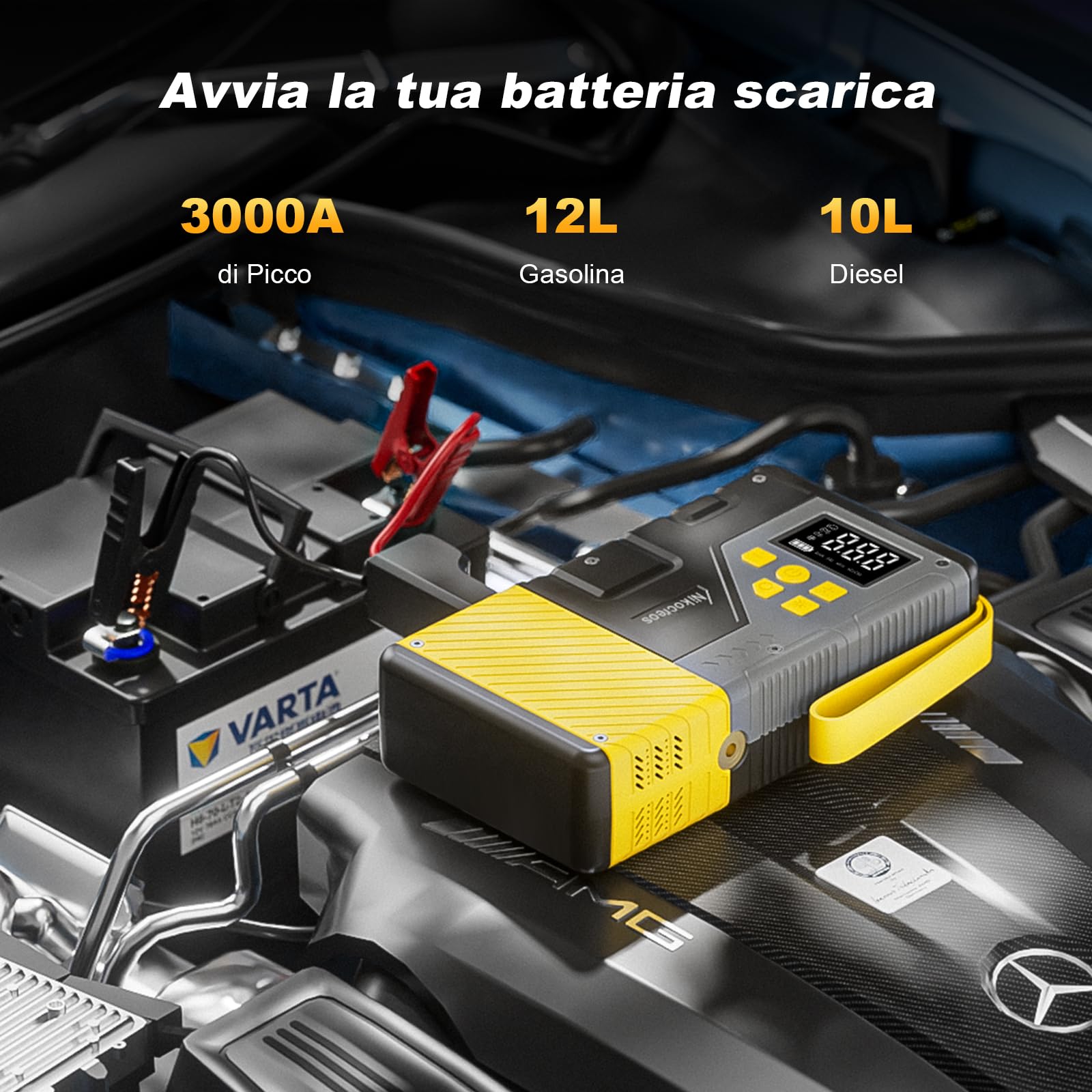 Avviatore Portatile per Auto con Compressore di Aria per Emergenze, 3000A di Picco e 150 PSI Massimo, per Motori a Gasolina da 12L e Diesel da 10L, Display LCD, Luce LED (Giallo)