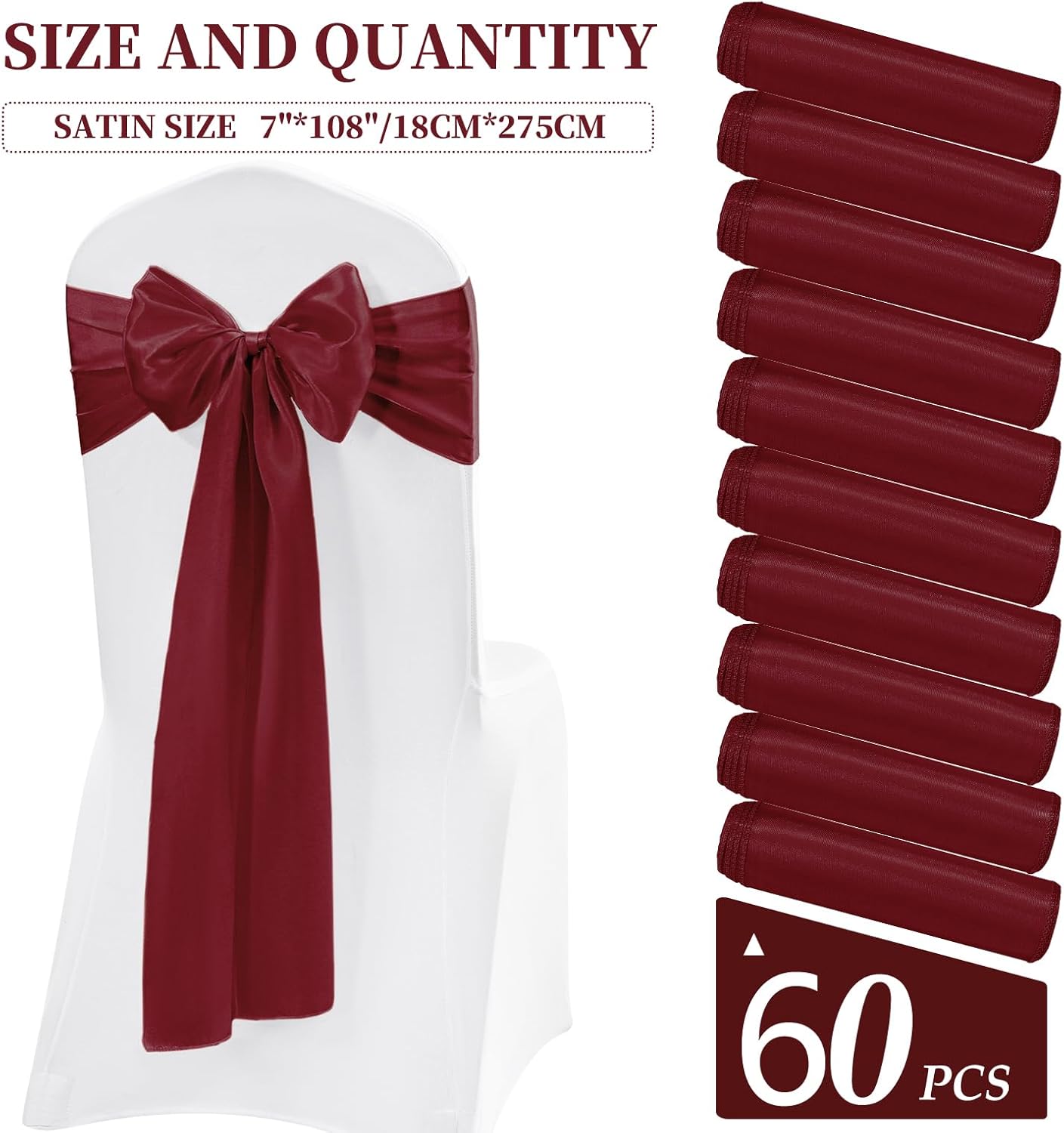60 Pcs Burgundy Chair Sashes Satin Chair Bows Sashes for Party, Hotel, Wedding, Reception, Restaurant Event Decoration (7 x 108 inch)