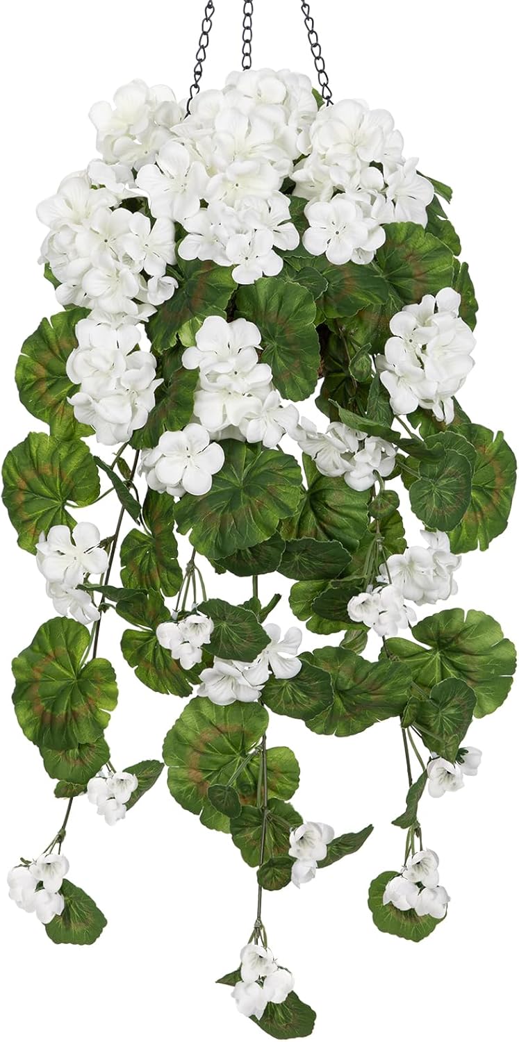 Briful Artificial Hanging Basket for Outdoor, White Geraniums Fake Hanging Flowers Realistic Silk Flowers & Greenery Faux Hanging Baskets for Indoor Patio Balcony Ceiling