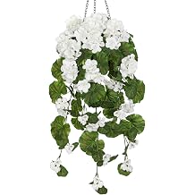 Briful Artificial Hanging Basket for Outdoor, White Geraniums Fake Hanging Flowers Realistic Silk Flowers & Greenery Faux Hanging Baskets for Indoor Patio Balcony Ceiling