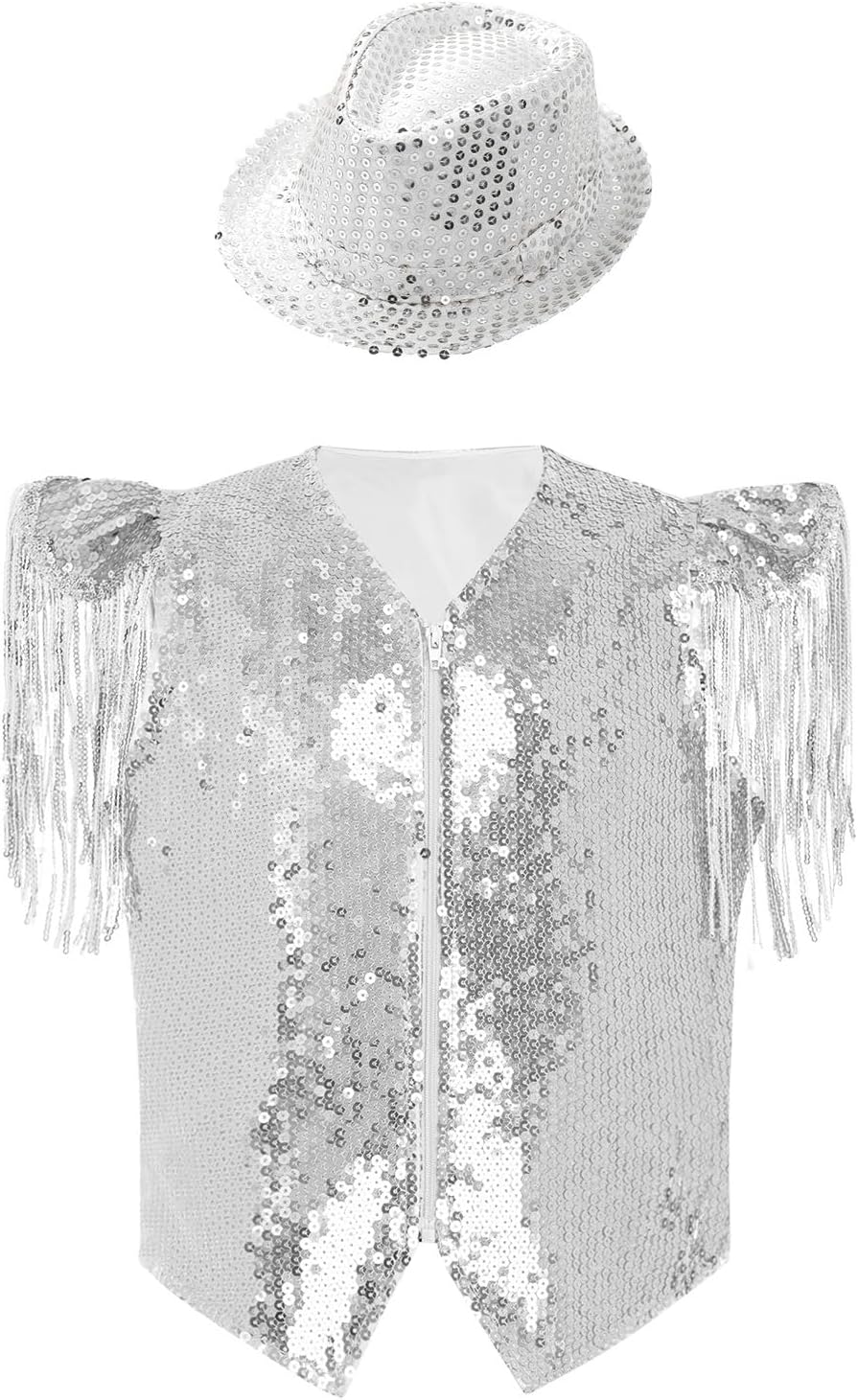 Linjinx Shiny Dance Vest for Boys Sequin Hat Set Performance Stretchy Top Trimmed Carnival