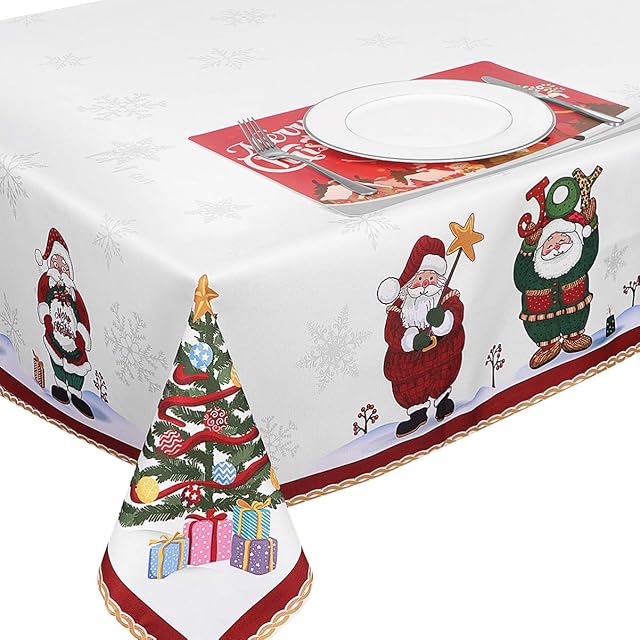 BESTonZON Christmas Tablecloth Santa Christmas Tree Printed Xmas Table Runner Christmas Tablecloth Cover Rectangular for Xmas Party Holiday Winter Home Decor 84 x 60in