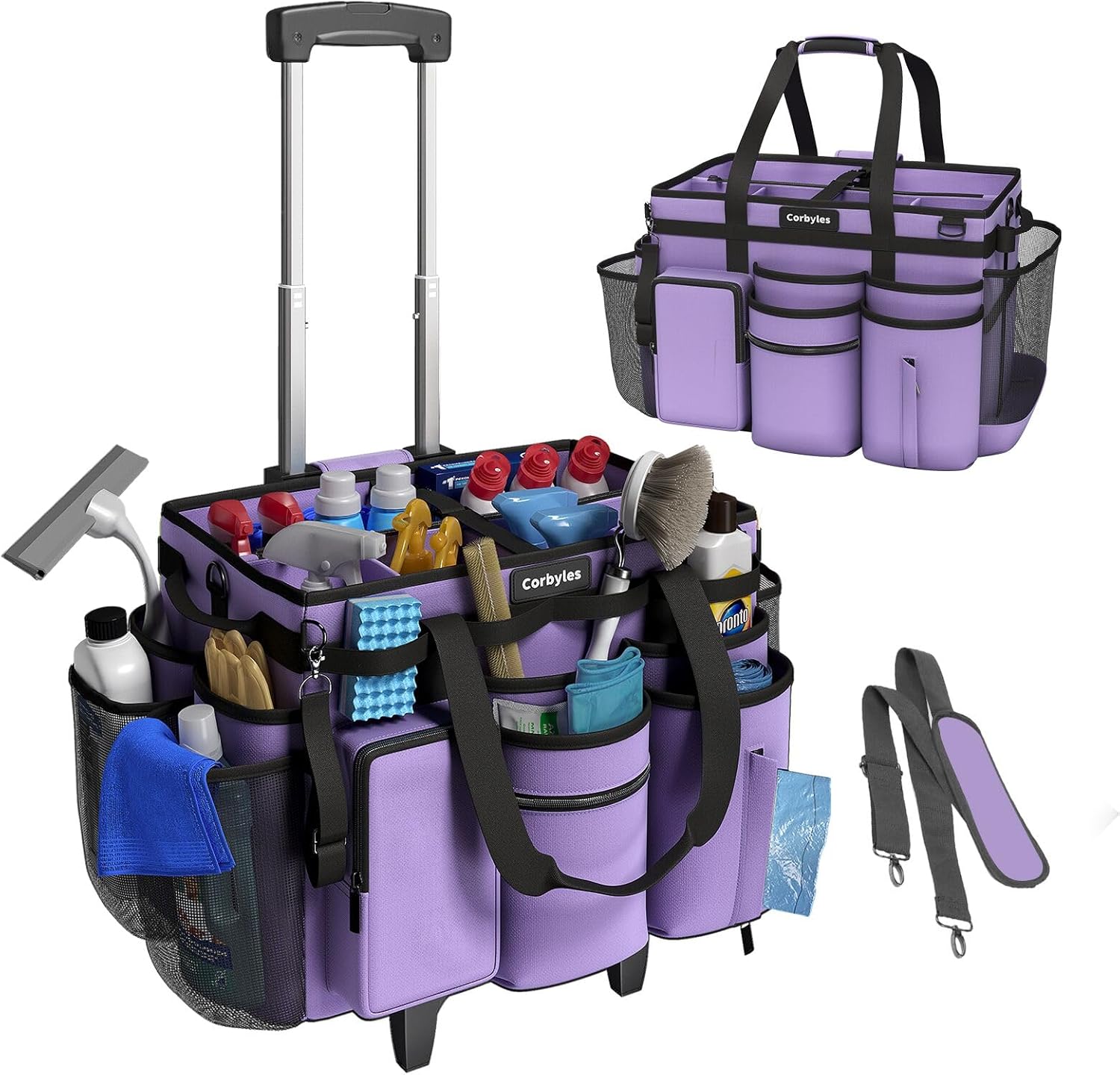 Rolling cleaning caddy bag with detachable trolley